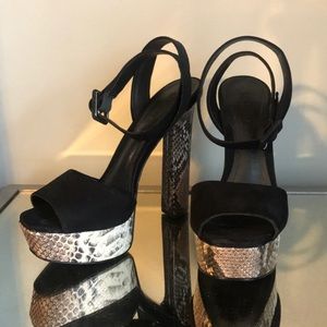 SCHUTZ Black and Faux Snakeskin Leather Platforms